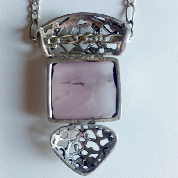 Silver 925 and Rose Pink Jadeite Scrollwork Pendant Necklace - Picture 2 of 3